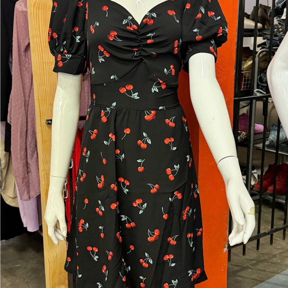 Cherry Print Black Dress